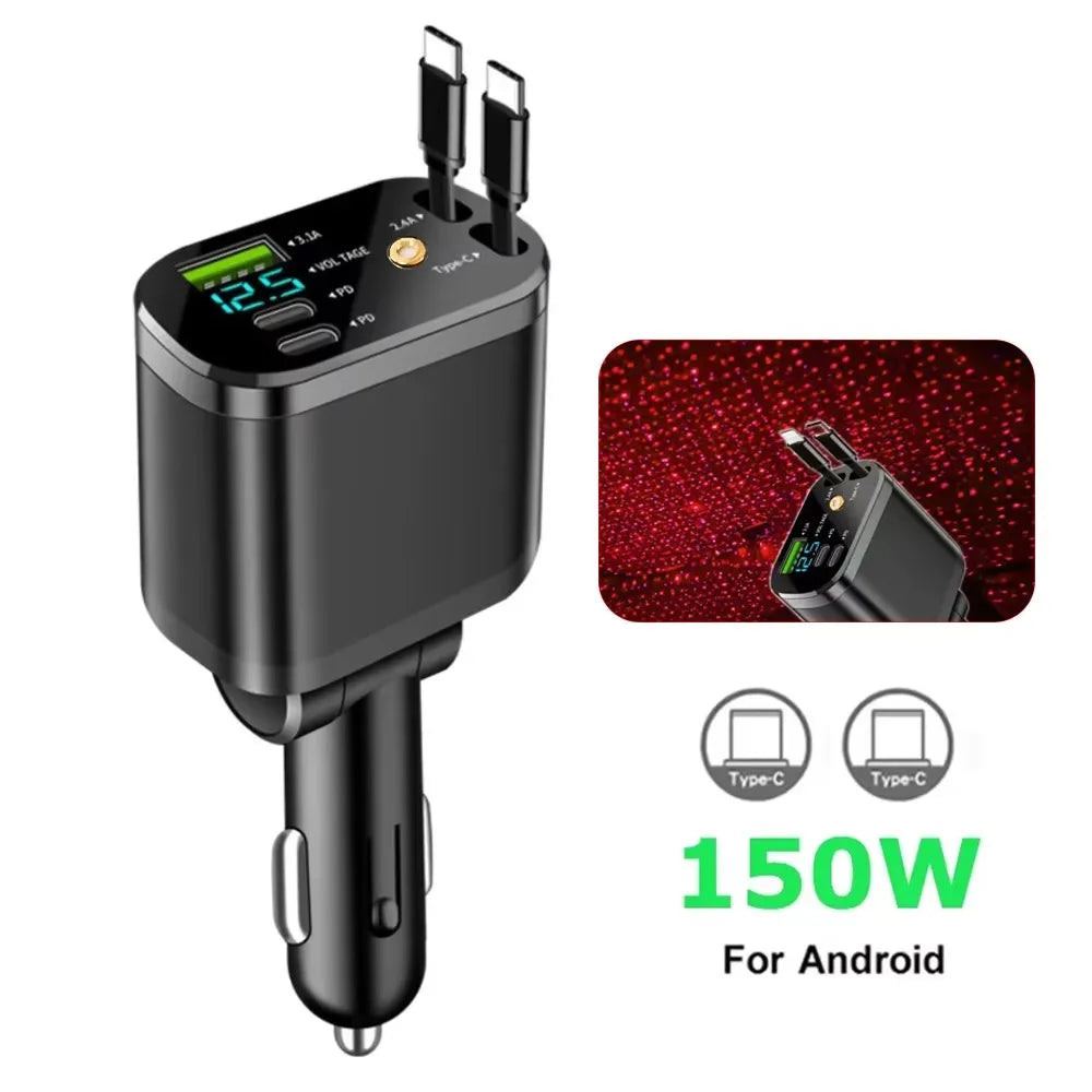 5 In 1 Car Charger 66W Max with Retractable Cable PD30W+2.4A Voltage Display Super Fast Charging 22.5W for iPhone & Android
