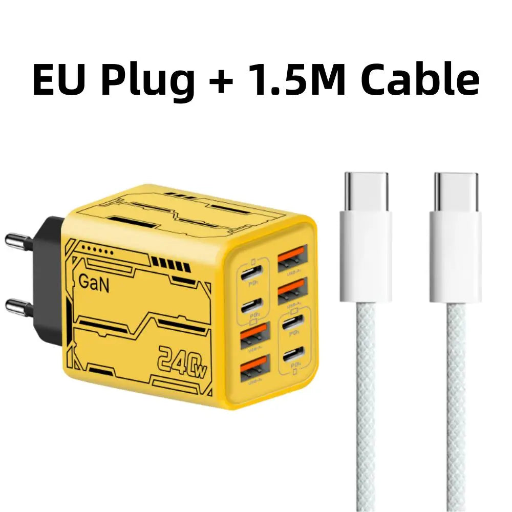 8 in 1 GaN Desktop USB Phone Charger 240W PD Fast Charger 4PD 4USB For iPhone 16 15 Pro Samsung Xiaomi EU US Plug Power Adapter
