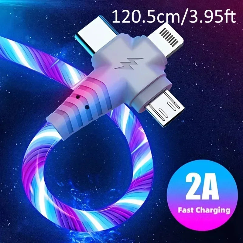 Apple MFi Certified Round 3-in-1 LED Flowing Light USB Cable, Fast Charging Cord with Multi Connector for iPhone 16/15/14/13,