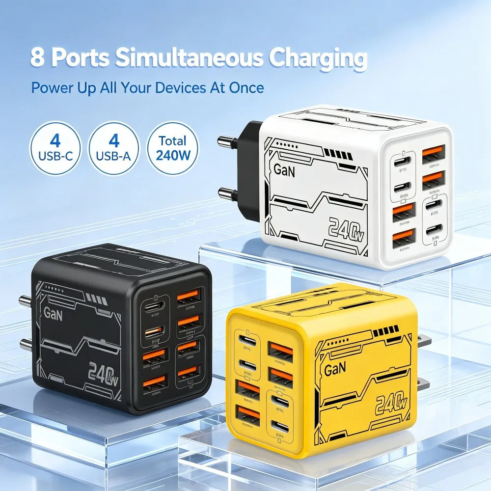 8 in 1 GaN Desktop USB Phone Charger 240W PD Fast Charger 4PD 4USB For iPhone 16 15 Pro Samsung Xiaomi EU US Plug Power Adapter
