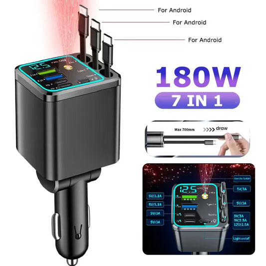 5 In 1 Car Charger 66W Max with Retractable Cable PD30W+2.4A Voltage Display Super Fast Charging 22.5W for iPhone & Android
