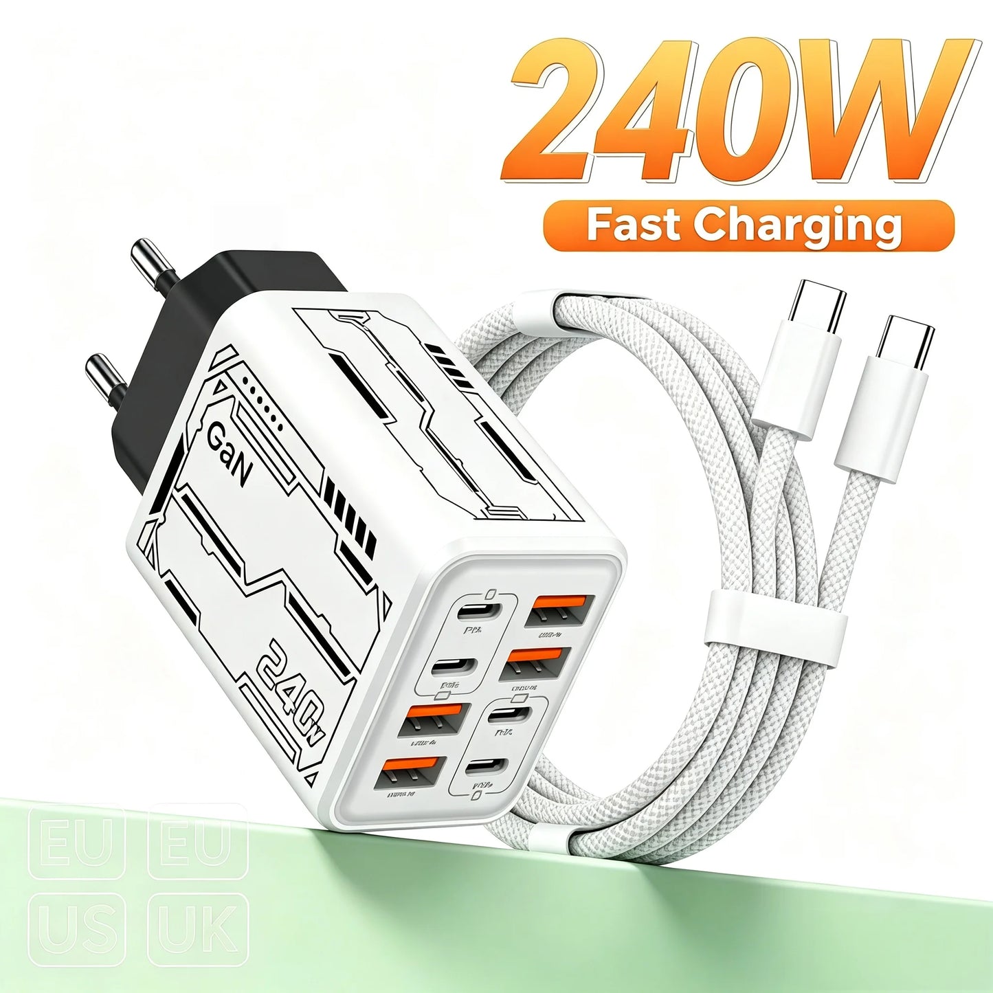 8 in 1 GaN Desktop USB Phone Charger 240W PD Fast Charger 4PD 4USB For iPhone 16 15 Pro Samsung Xiaomi EU US Plug Power Adapter