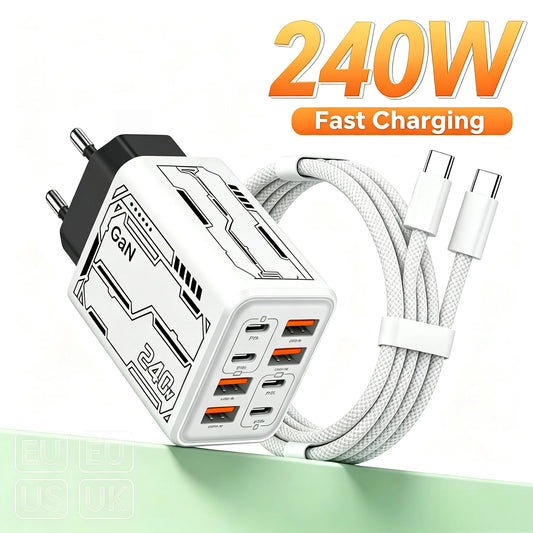 8 in 1 GaN Desktop USB Phone Charger 240W PD Fast Charger 4PD 4USB For iPhone 16 15 Pro Samsung Xiaomi EU US Plug Power Adapter