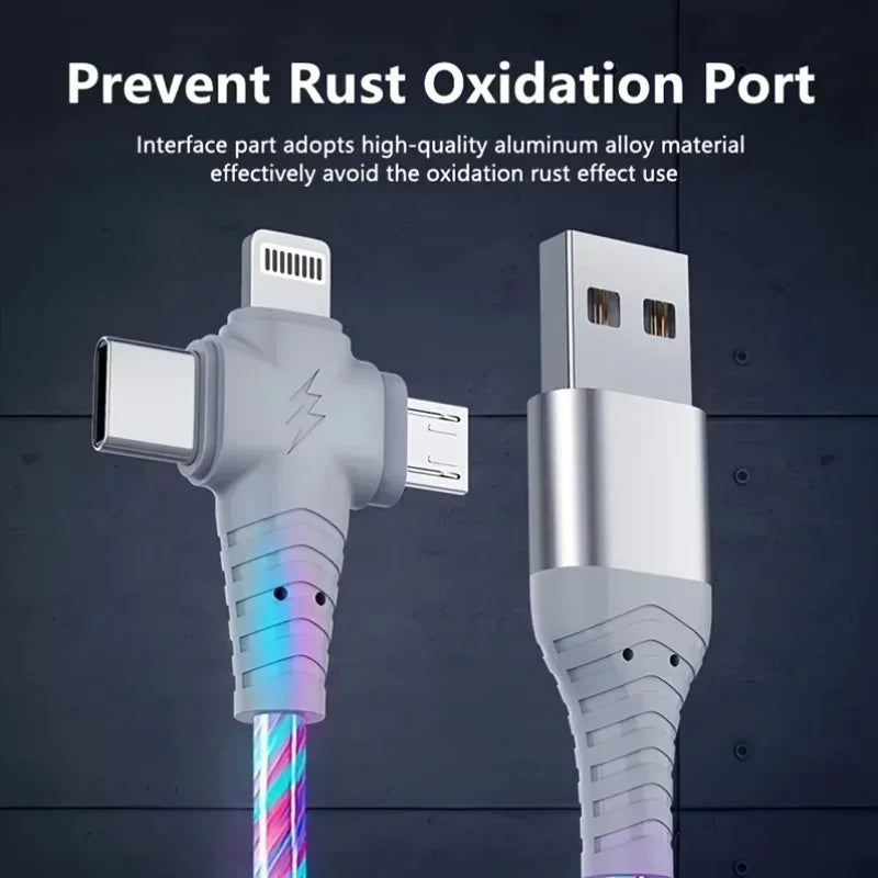 Apple MFi Certified Round 3-in-1 LED Flowing Light USB Cable, Fast Charging Cord with Multi Connector for iPhone 16/15/14/13,