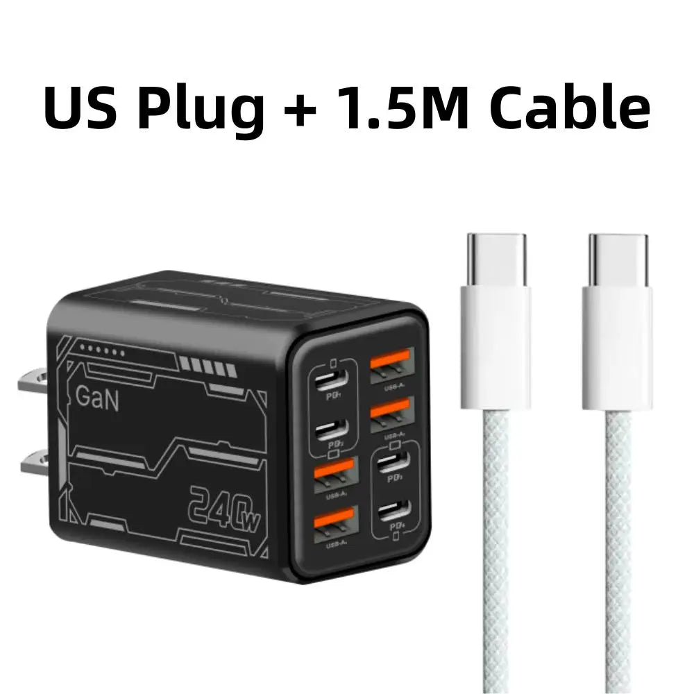8 in 1 GaN Desktop USB Phone Charger 240W PD Fast Charger 4PD 4USB For iPhone 16 15 Pro Samsung Xiaomi EU US Plug Power Adapter