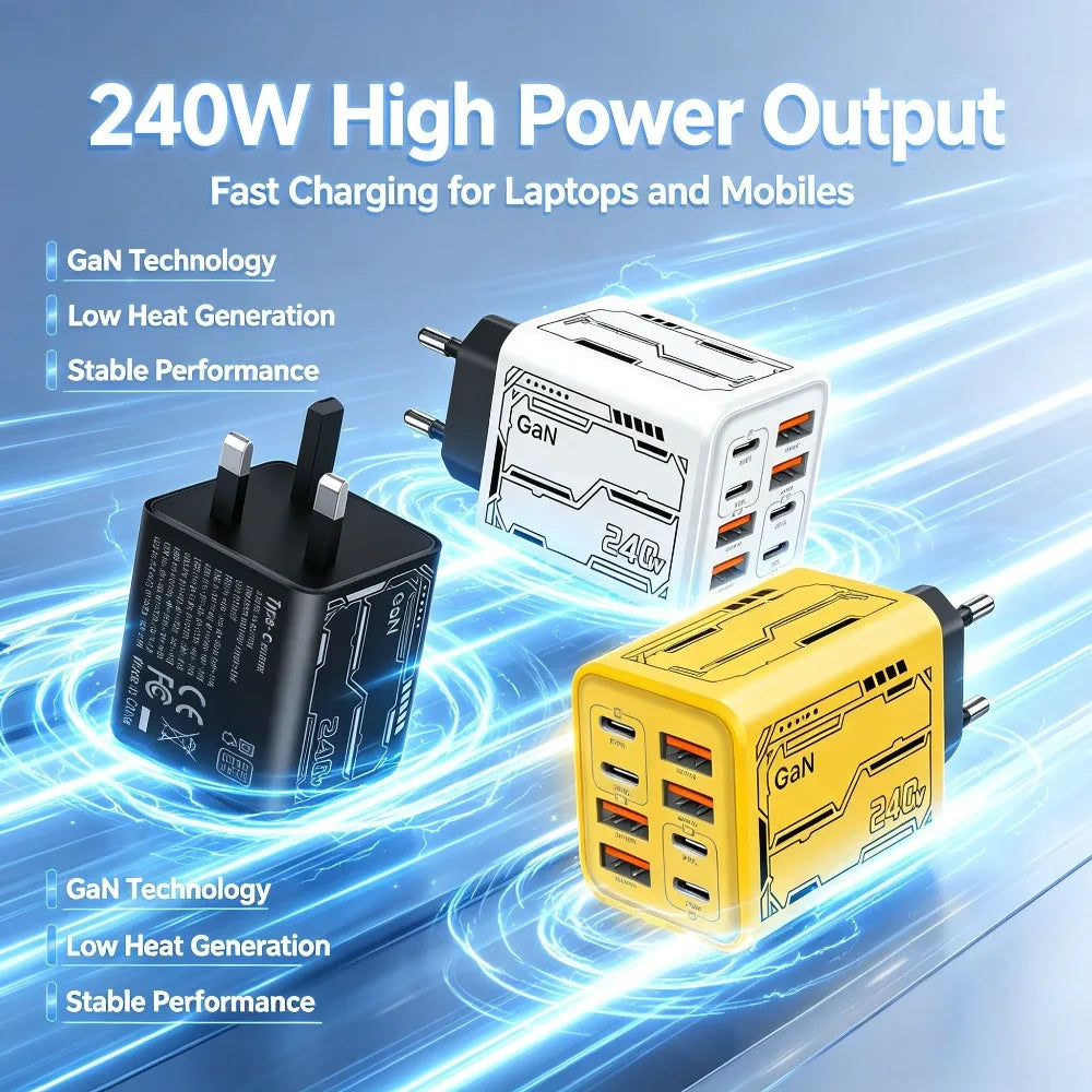 8 in 1 GaN Desktop USB Phone Charger 240W PD Fast Charger 4PD 4USB For iPhone 16 15 Pro Samsung Xiaomi EU US Plug Power Adapter