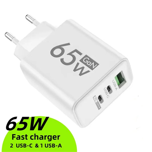 GAN Fast Charging 65W USB European Plug QC3.0 EU KR PD Fast Charging Head Is Suitable for Xiaomi Huawei Samsung Mobile Phone Cha
