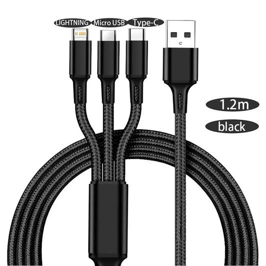 3 In 1 USB Charger Fast Charging Cable Type C Micro LIGHTNING Multi Charger Cable for iPhone Huawei Samsung Nylon Braided Cord