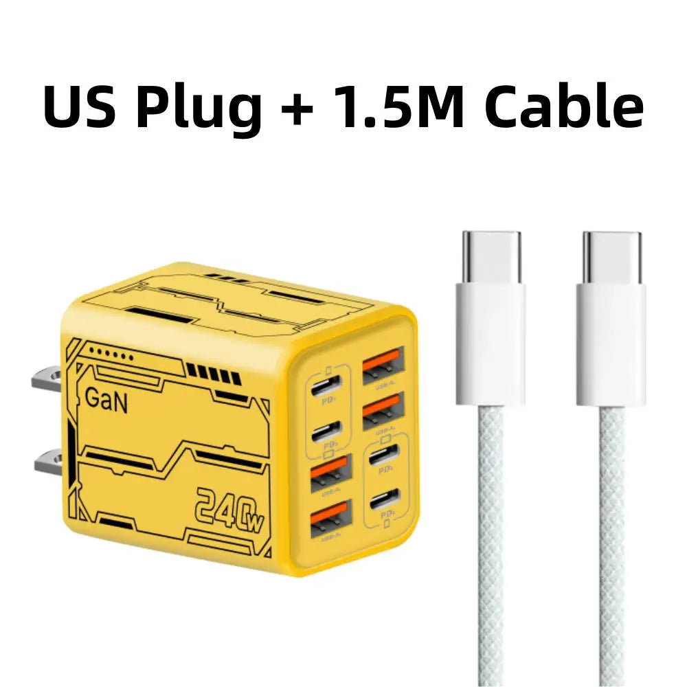 8 in 1 GaN Desktop USB Phone Charger 240W PD Fast Charger 4PD 4USB For iPhone 16 15 Pro Samsung Xiaomi EU US Plug Power Adapter
