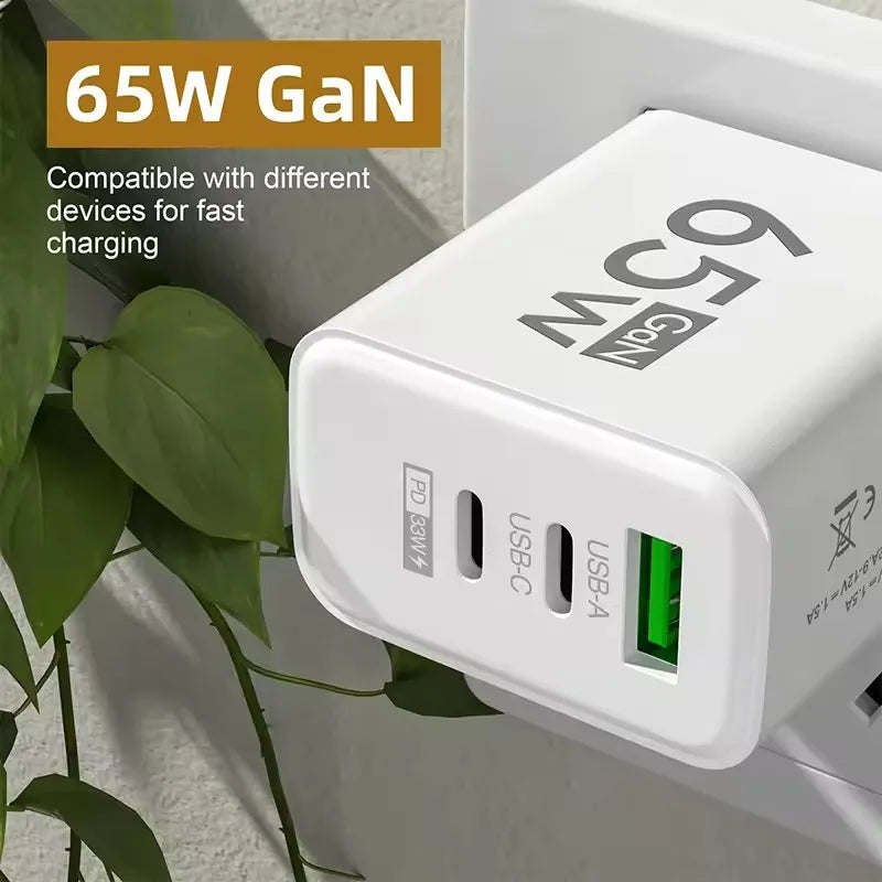 GAN Fast Charging 65W USB European Plug QC3.0 EU KR PD Fast Charging Head Is Suitable for Xiaomi Huawei Samsung Mobile Phone Cha