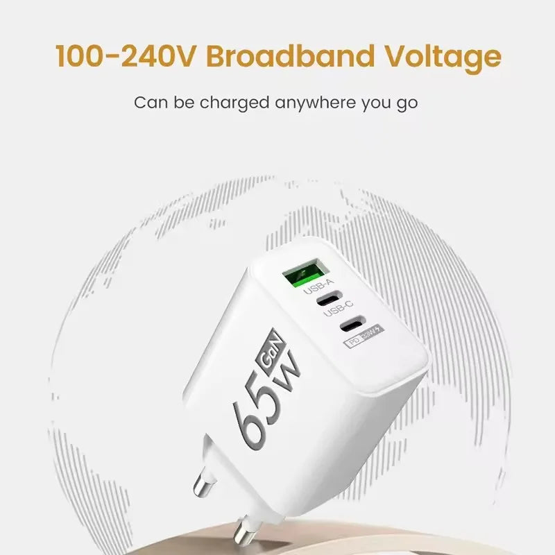 GAN Fast Charging 65W USB European Plug QC3.0 EU KR PD Fast Charging Head Is Suitable for Xiaomi Huawei Samsung Mobile Phone Cha