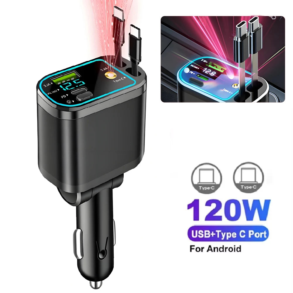 5 In 1 Car Charger 66W Max with Retractable Cable PD30W+2.4A Voltage Display Super Fast Charging 22.5W for iPhone & Android