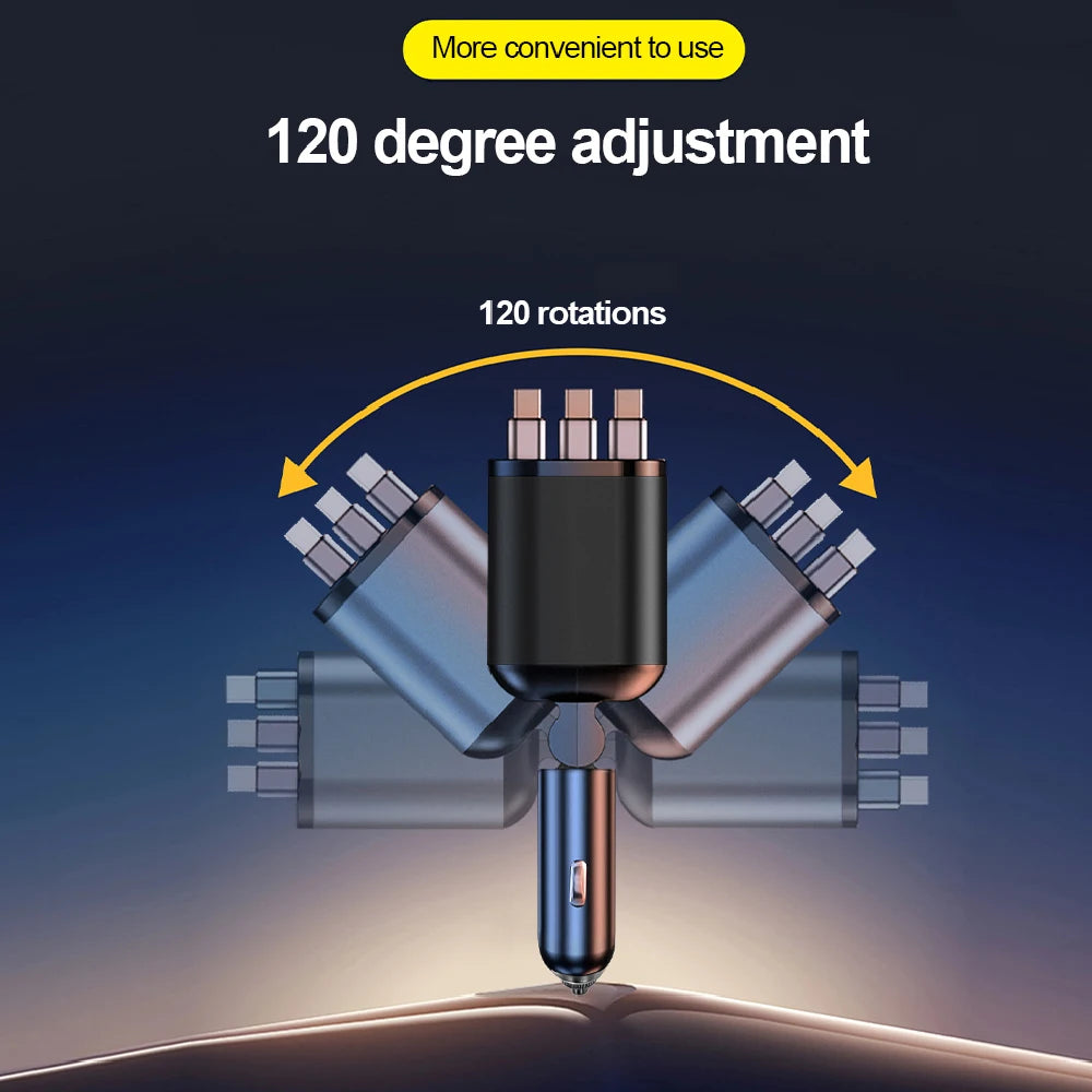 5 In 1 Car Charger 66W Max with Retractable Cable PD30W+2.4A Voltage Display Super Fast Charging 22.5W for iPhone & Android