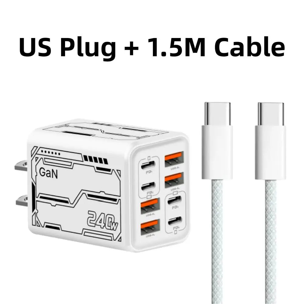 8 in 1 GaN Desktop USB Phone Charger 240W PD Fast Charger 4PD 4USB For iPhone 16 15 Pro Samsung Xiaomi EU US Plug Power Adapter