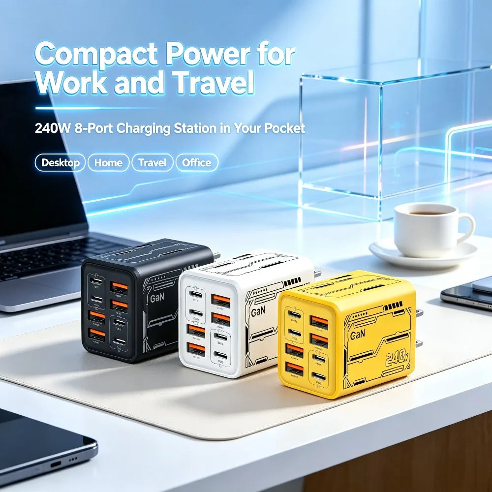 8 in 1 GaN Desktop USB Phone Charger 240W PD Fast Charger 4PD 4USB For iPhone 16 15 Pro Samsung Xiaomi EU US Plug Power Adapter
