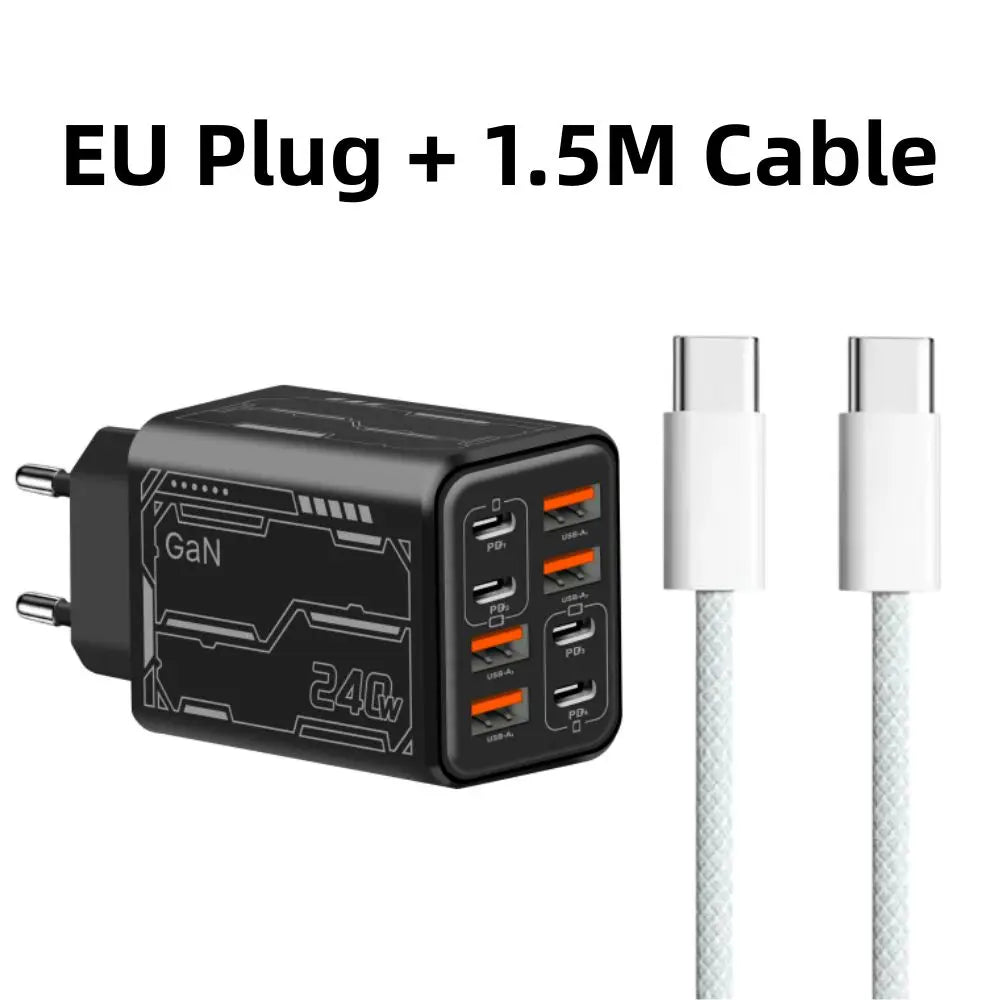 8 in 1 GaN Desktop USB Phone Charger 240W PD Fast Charger 4PD 4USB For iPhone 16 15 Pro Samsung Xiaomi EU US Plug Power Adapter
