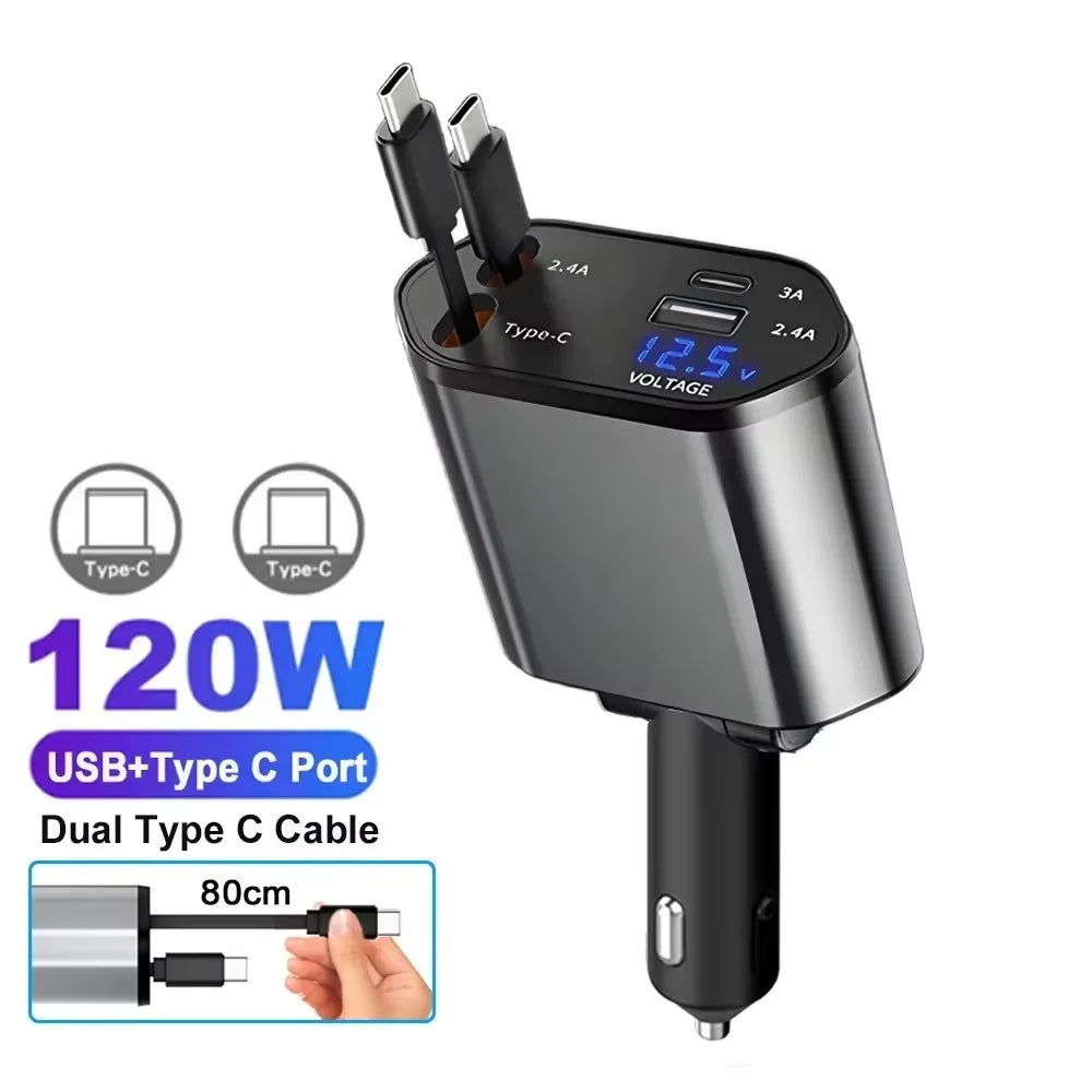 5 In 1 Car Charger 66W Max with Retractable Cable PD30W+2.4A Voltage Display Super Fast Charging 22.5W for iPhone & Android