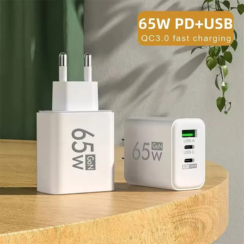 GAN Fast Charging 65W USB European Plug QC3.0 EU KR PD Fast Charging Head Is Suitable for Xiaomi Huawei Samsung Mobile Phone Cha