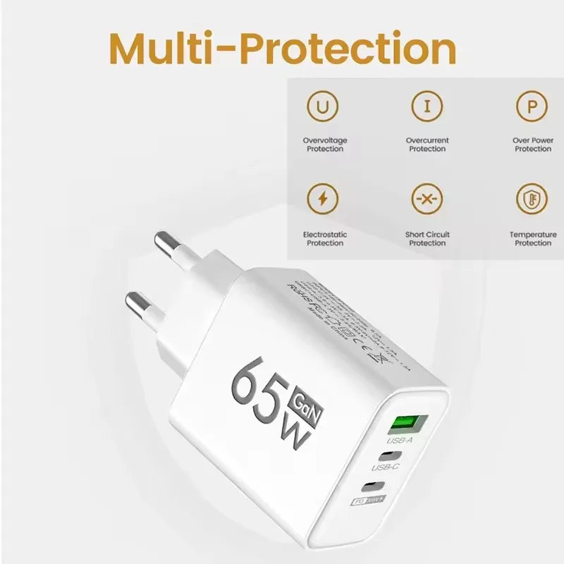 GAN Fast Charging 65W USB European Plug QC3.0 EU KR PD Fast Charging Head Is Suitable for Xiaomi Huawei Samsung Mobile Phone Cha