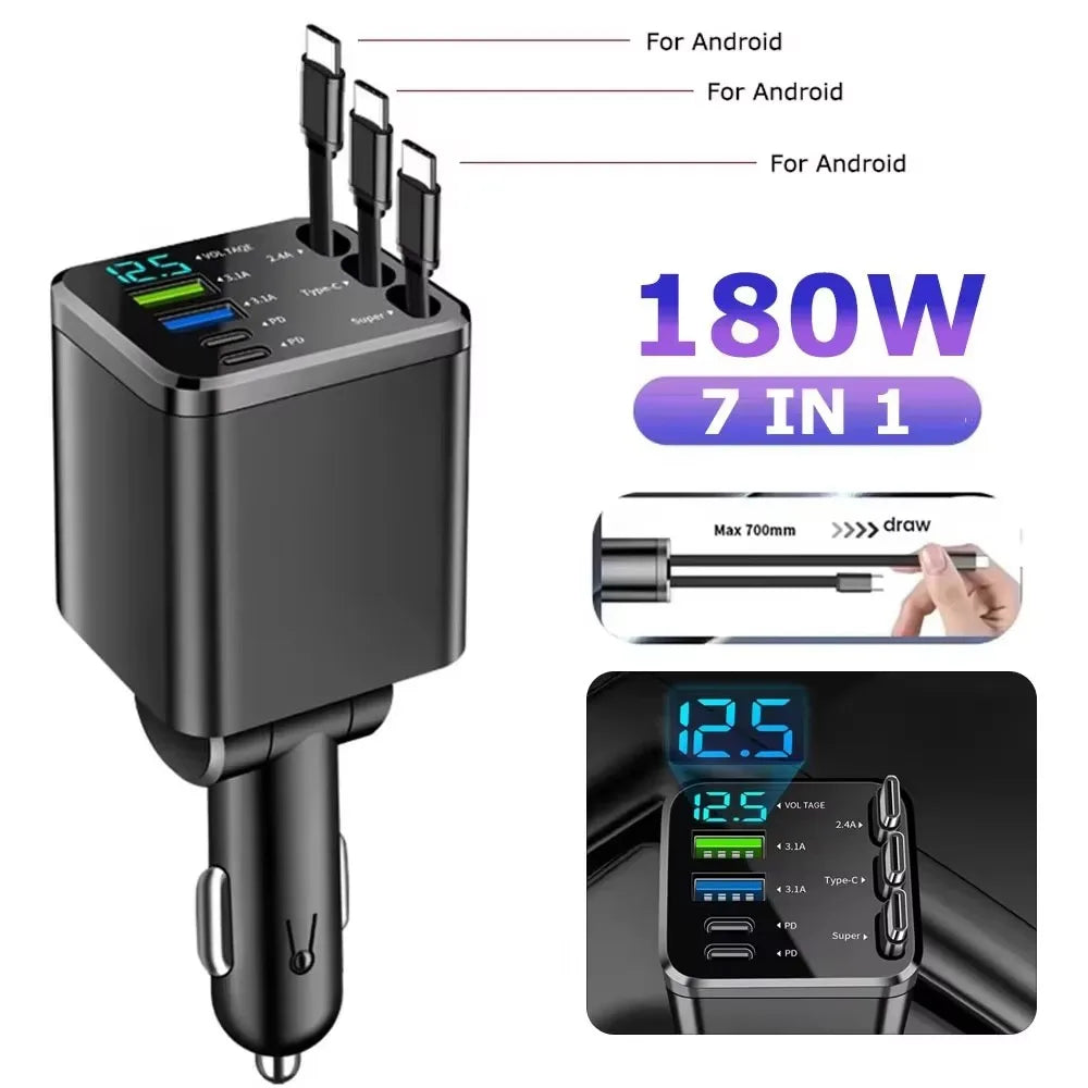 5 In 1 Car Charger 66W Max with Retractable Cable PD30W+2.4A Voltage Display Super Fast Charging 22.5W for iPhone & Android