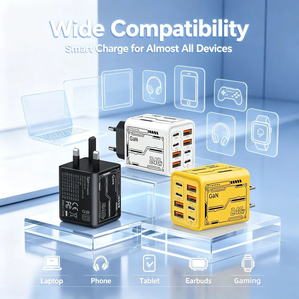 8 in 1 GaN Desktop USB Phone Charger 240W PD Fast Charger 4PD 4USB For iPhone 16 15 Pro Samsung Xiaomi EU US Plug Power Adapter
