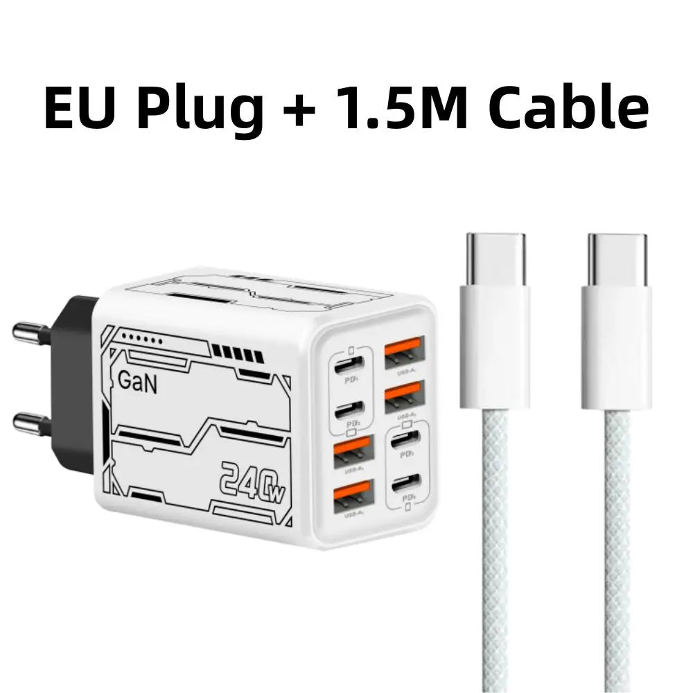 8 in 1 GaN Desktop USB Phone Charger 240W PD Fast Charger 4PD 4USB For iPhone 16 15 Pro Samsung Xiaomi EU US Plug Power Adapter
